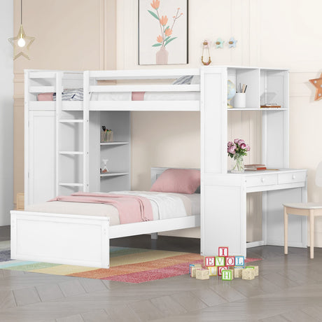 Loft Bed with Desk and Wardrobe Twin Over Twin Loft Bunk Beds Frame with Storage Drawers and Bookcase Wood All in One Beds for Kids Boys Girls Teens, White Bellemave