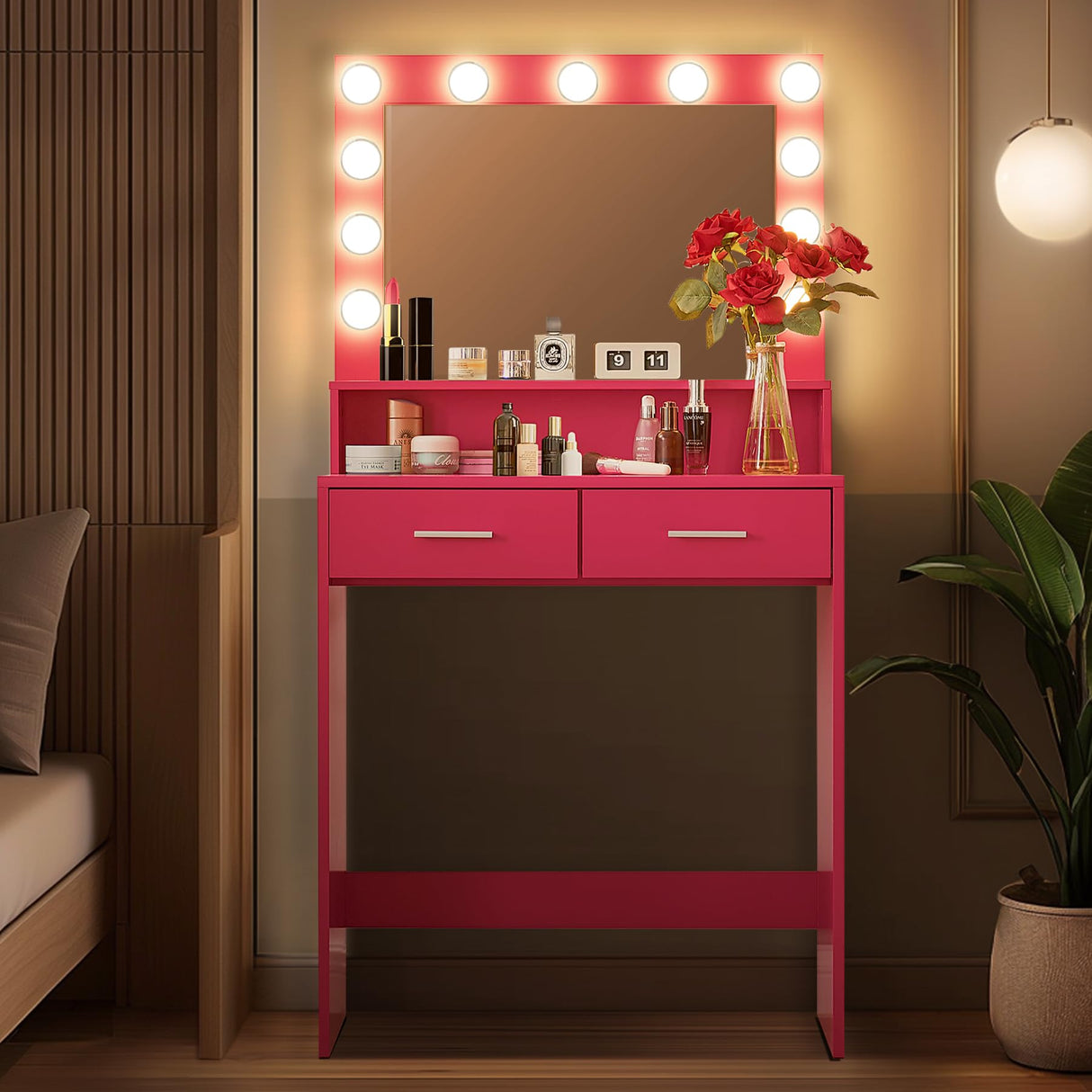 MIRROTOWEL Vanity Desk with Mirror and Lights, Dressing Table with Large Drawer, 2 Level Storage Dresser & 3 Lighting Modes Adjustable Brightness, Suitable for Bedroom MIRROTOWEL