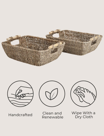 StorageWorks Hand-Woven Large Storage Baskets with Wooden Handles, Seagrass Wicker Baskets for Organizing, 2-Pack - WoodArtSupply