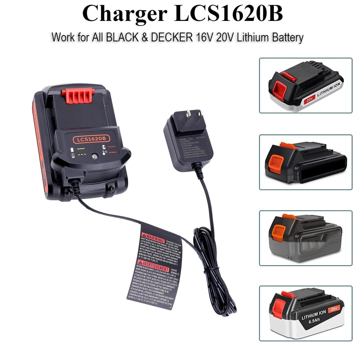 LCS1620B Replacement for Black and Decker 20V Lithium Battery Charger, Compatible with Black and Decker 12V and 20V MAX Battery LBXR20 zyystarttogo