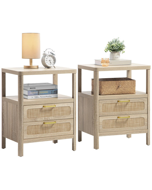 SHEEPPING Rattan Nightstands Set of 2 - Bedside Tables with 2 PE Rattan Drawers, Boho Night Stand with Open Wood Shelf, Farmhouse Bed Side Table/End Table for Bedroom Living Room, Natural, 25 - WoodArtSupply