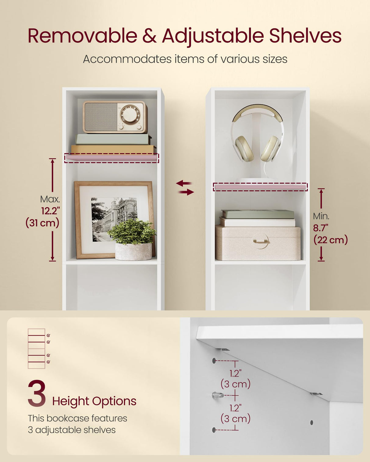 VASAGLE Custos Collection - Bookshelf, 5-Tier Bookcase, Book Shelf, Open Storage Shelf, 9.4 x 11.9 x 52.8 Inches, for Living Room, Home Office, Dinning Room, Cloud White ULBC419W01 VASAGLE