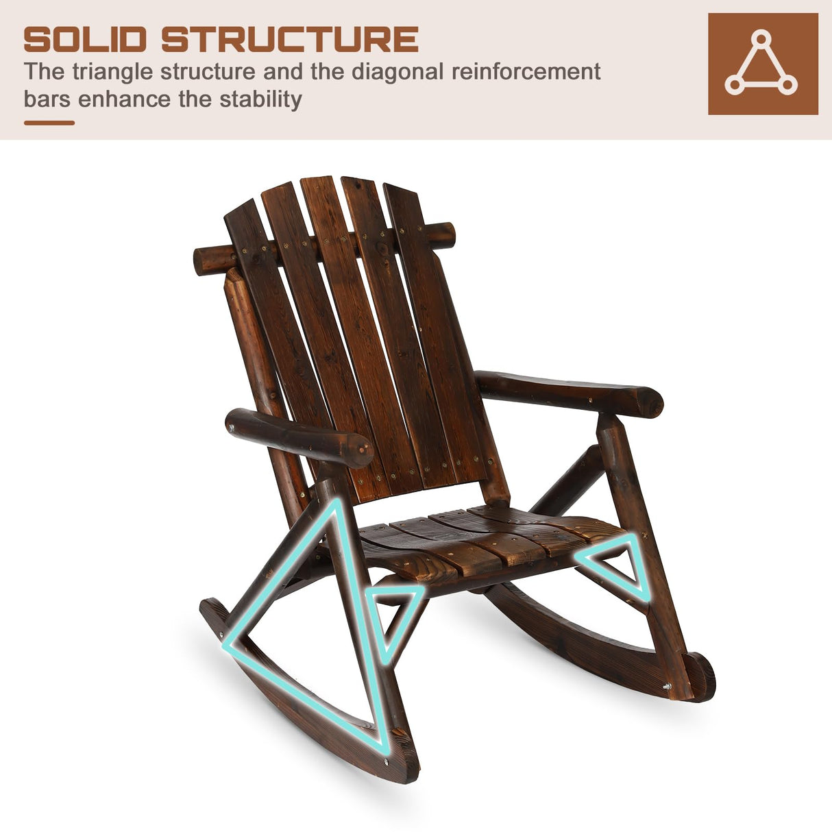 HOMEDIARY Wooden Adirondack Rocking Chair, Patio Log Rocker Outdoor Lounge Chair with Slatted Wooden Design, High Fanned Back & Classic Rustic Style for Garden Patio Backyard Porch, Carbonized HOMEDIARY