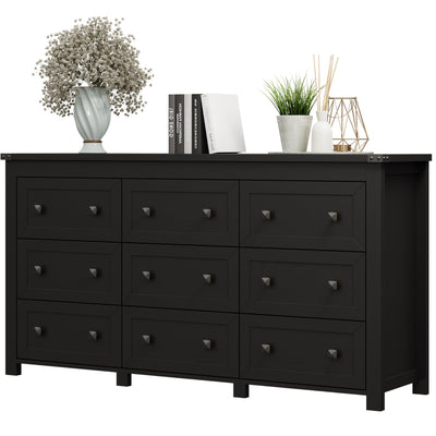 Dresser for Bedroom with 9 Drawers, Farmhouse Wood Chest of Drawers, Wide TV Stand Closet Storage Furniture with Metal Handle, Modern Clothes Organizer for Hallway, Living Room, Entryway, Black