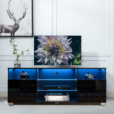 High Glossy LED Black TV Stand for 55/60/65 inch TV,Modern LED Entertainment Center with Adjustable Storage Shelves,Game Console Entertainment Center,TV Table Media Furniture (57inch, Black) Vinctik 6&Fox