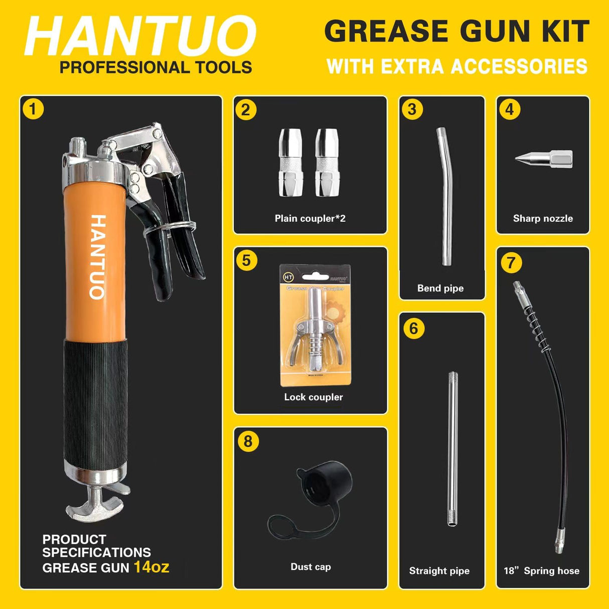 Grease Gun with Quick Release Coupler, 8000 PSI Heavy Duty Pistol Grip Grease Gun Kit, 14 oz Load, 18 Inch Spring Flex Hose, 2 Grease Couplers, 2 Extension Rigid Pipes and 1 Sharp Easy Operation HANTUO