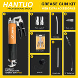 Grease Gun with Quick Release Coupler, 8000 PSI Heavy Duty Pistol Grip Grease Gun Kit, 14 oz Load, 18 Inch Spring Flex Hose, 2 Grease Couplers, 2 Extension Rigid Pipes and 1 Sharp Easy Operation HANTUO