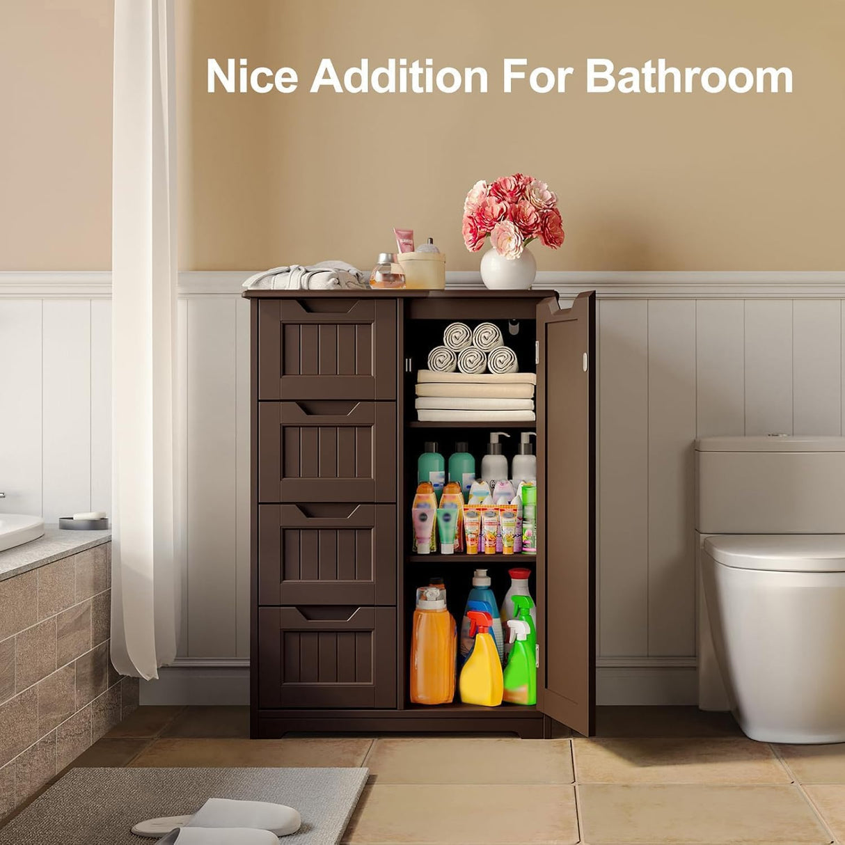 Gizoon Pantry Cabinet Storage Cupboard, Freestanding Wooden Dresser with 4 Drawers for Bathroom and Dining Room, 33" Dark Brown, Small Kitchen Pantry Storage Cabinet with Door and Shelves Gizoon