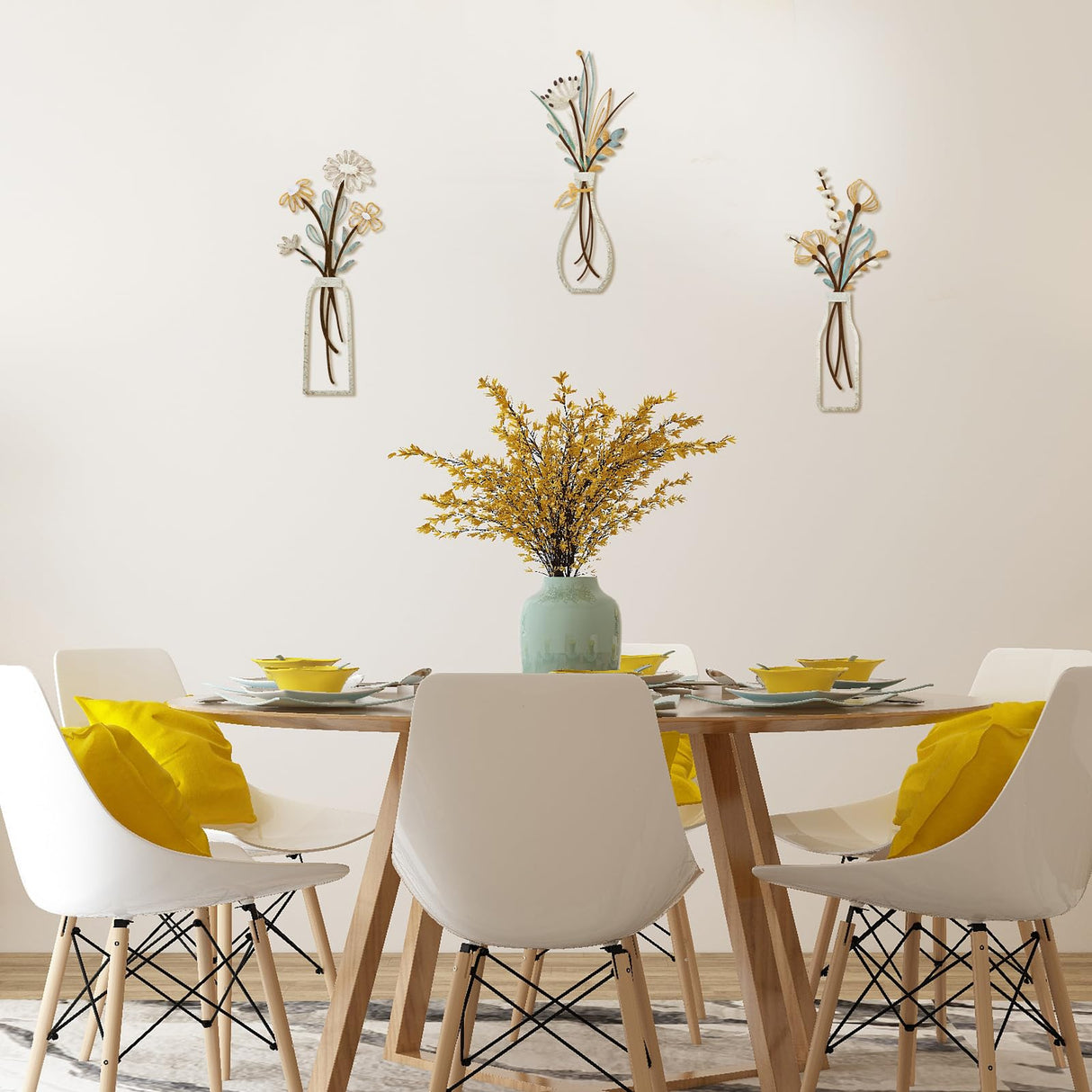 Pigort 3 Pieces Metal Flowers Wall Arts - Rustic Farmhouse Decor Beige Minimalist Flower Wall Decors for Living room Bathroom Bedroom Dining Room-Housewarming Gifts (Beige, Vase-C) Pigort