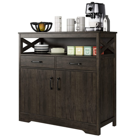 HOSTACK Modern Farmhouse Buffet Sideboard, Kitchen Storage Cabinet with Shelves and Doors, Wood Buffet Cabinet with Drawers, Coffee Bar, Floor Cabinet Cupboard for Living Room, Dark Brown HOSTACK