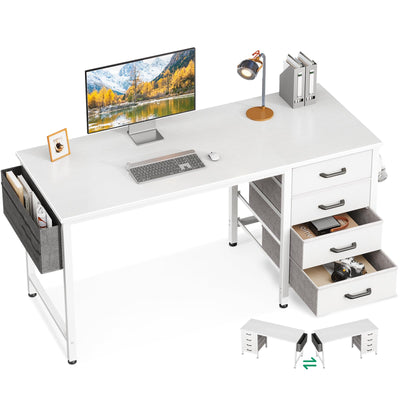 Casaottima 48-Inch Computer Desk with 4 Fabric Drawers — Home Office Desks with Storage, Writing Desk with Side Hook and Cloth Bag, Modern Study/Work Table for Bedroom and Small Space, White