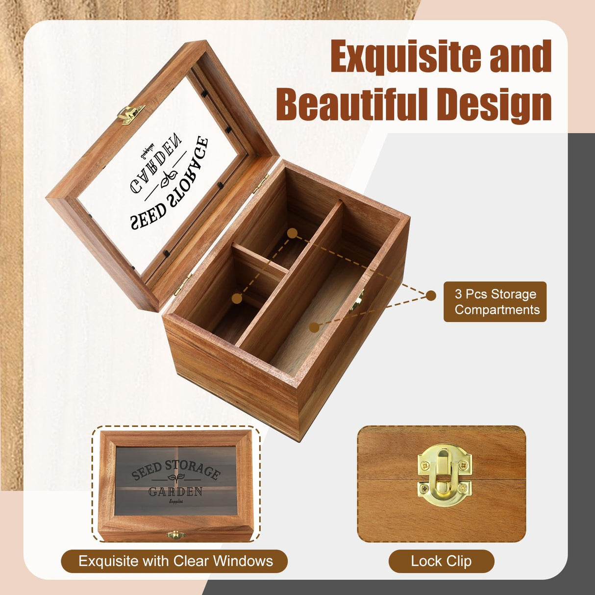 Skybooly Seed Storage Box with 3 Dividers Seed Organizer Box Seed Container with Clear Window Sturdy Garden Seed Packet Container with 100 Plant Labels 50 Seed Envelopes 2 Marker Pens for Seed Saver Skybooly