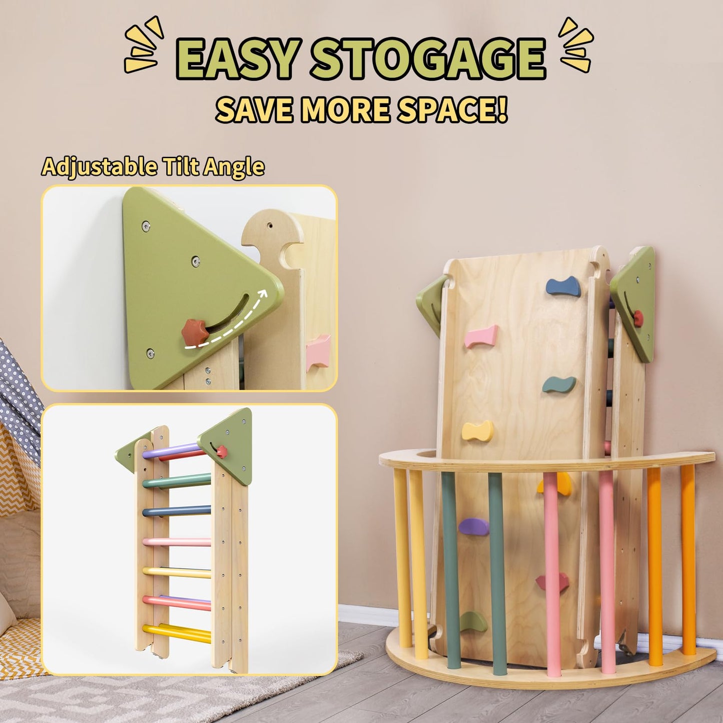 BAUTIA Pikler Triangle Set, Toddler Climbing Toys Indoor Playground, Wooden Montessori Climbing Toys for Toddlers 1-3 Inside