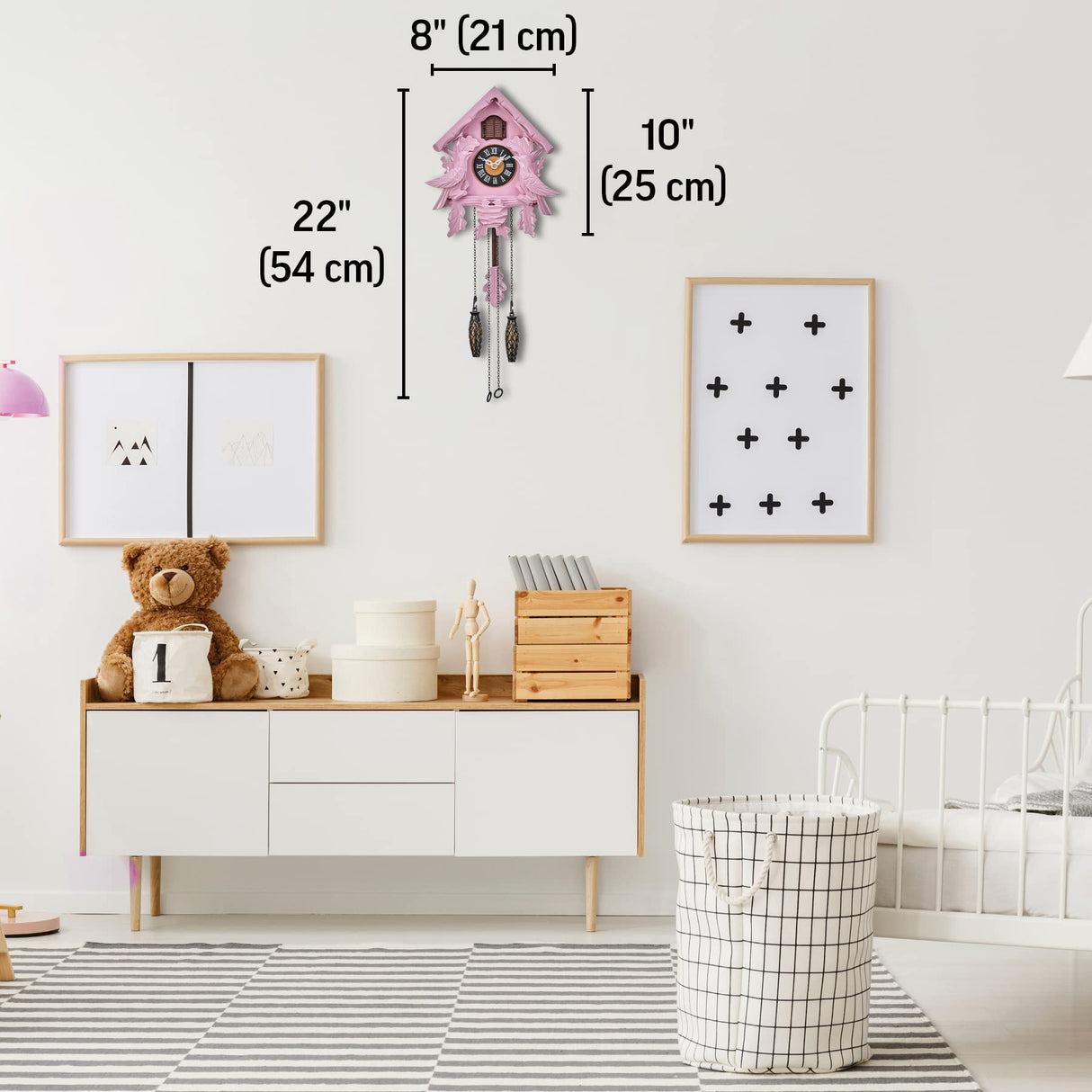 TIMEGEAR Cuckoo Clock with Night Mode, Singing Bird, Wooden Decorations and Swinging Pendulum (Pink) TIMEGEAR