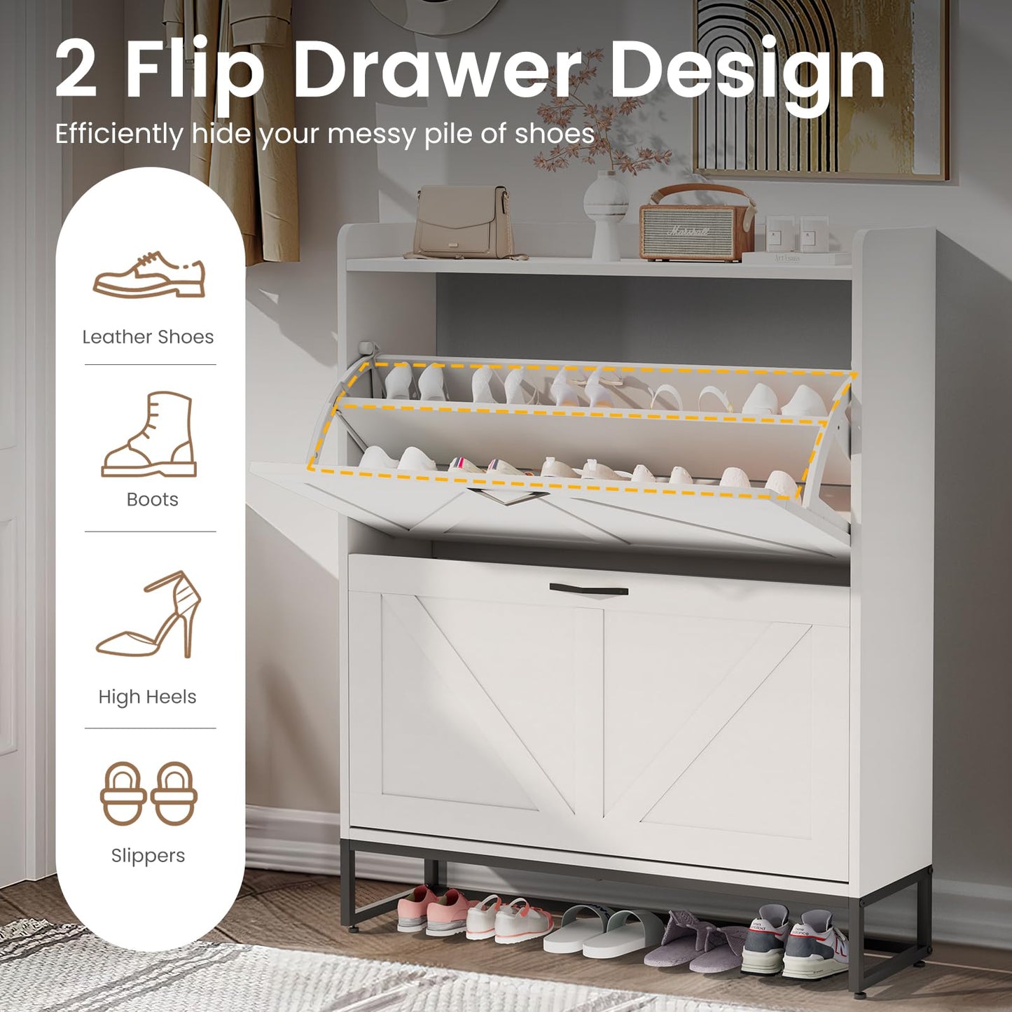 ROWHY Shoe Cabinet Storage, Shoe Organizer Space Saver with 2 Flip Drawers and Metal Legs, Hidden Freestanding Shoe Rack for Entryway, Foyer, Hallway, White - WoodArtSupply