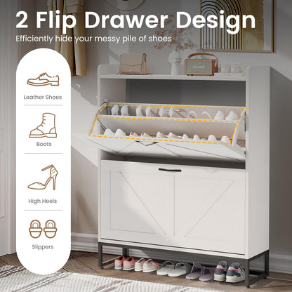 ROWHY Shoe Cabinet Storage, Shoe Organizer Space Saver with 2 Flip Drawers and Metal Legs, Hidden Freestanding Shoe Rack for Entryway, Foyer, Hallway, White - WoodArtSupply