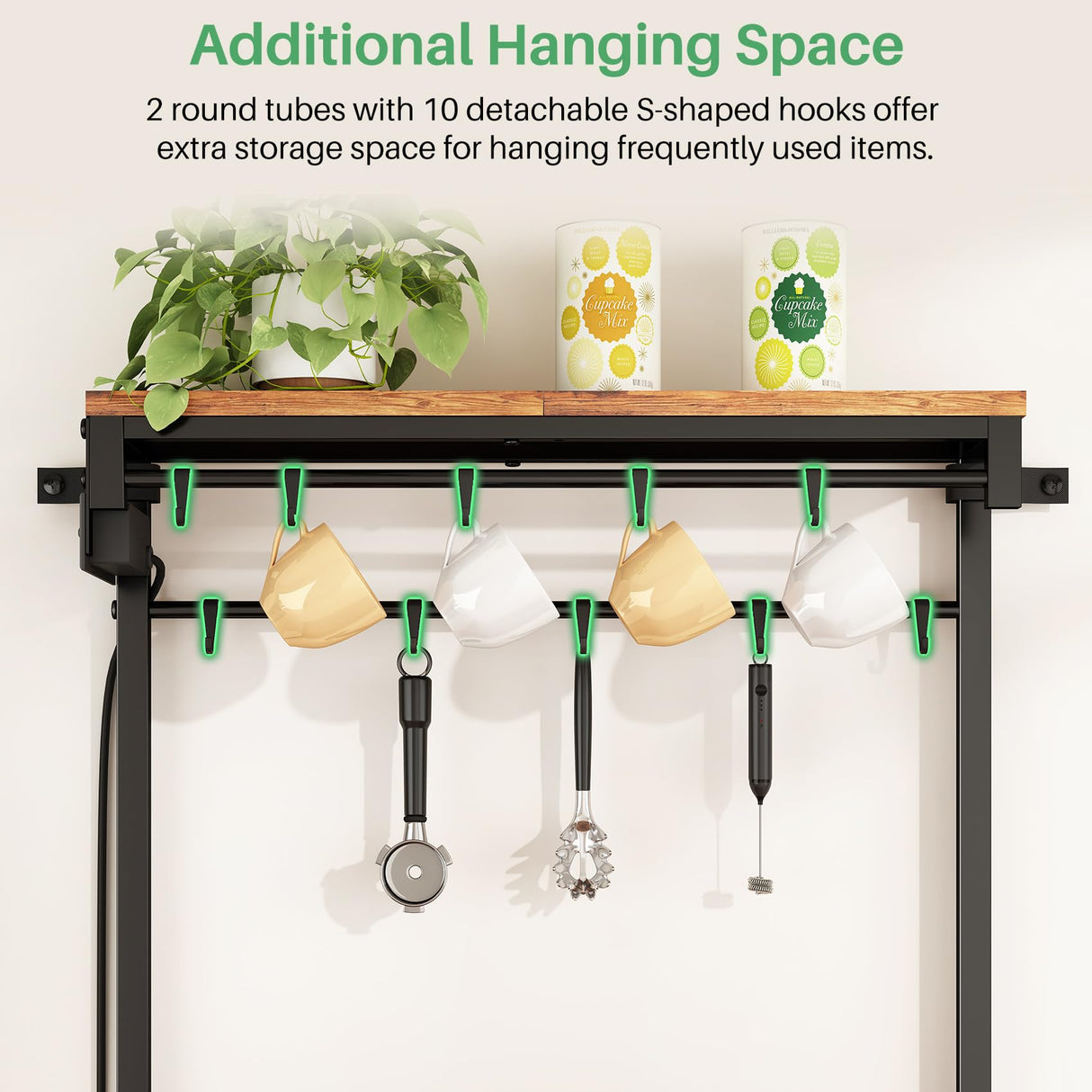 Kitchen Bakers Rack with Power Outlet 10 Hooks, 4 Tiers Coffee Bar Station Cabinet, Microwave Stand with Storage (Rustic Brown, 21.7 x 14.2 x 49.6 Inch) SNTD