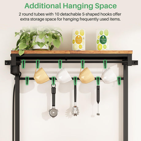 Kitchen Bakers Rack with Power Outlet 10 Hooks, 4 Tiers Coffee Bar Station Cabinet, Microwave Stand with Storage (Rustic Brown, 21.7 x 14.2 x 49.6 Inch) SNTD