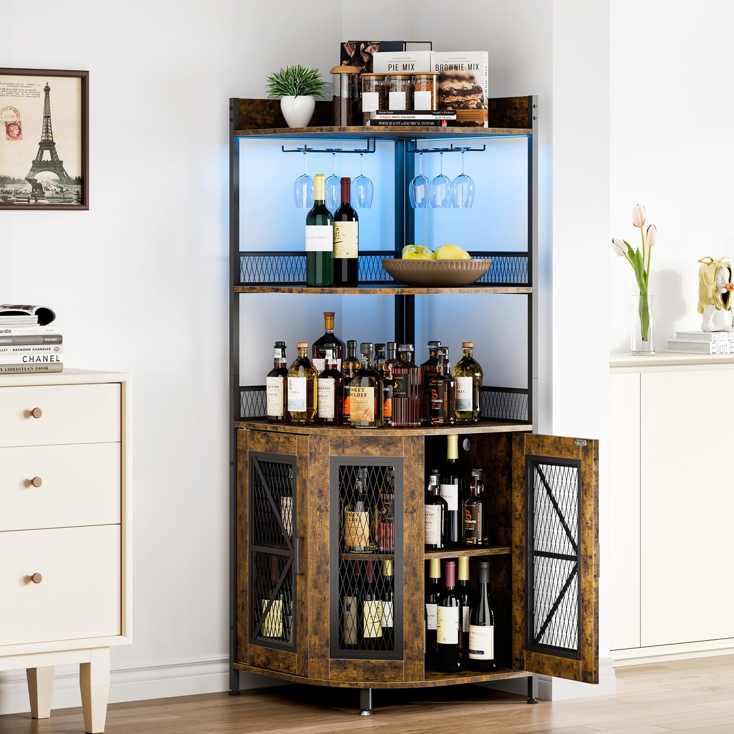 Corner Bar Cabinet with Charge Oult, 5-Tiers Wine Cabinet with LED Light and Glass Holder, Tall Home Liquor Cabinet for Living Room, Corner Display Cabinet for Home