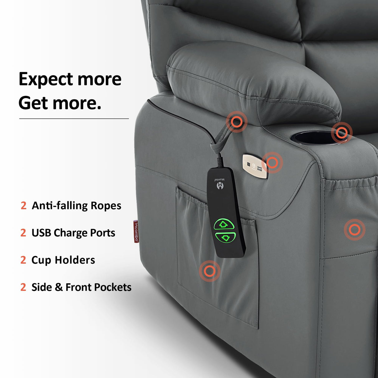 MCombo Power Lift Recliner Chair with Extended Footrest for Elderly People, Faux Leather 7287 (Dark Grey, Medium-Regular) MCombo