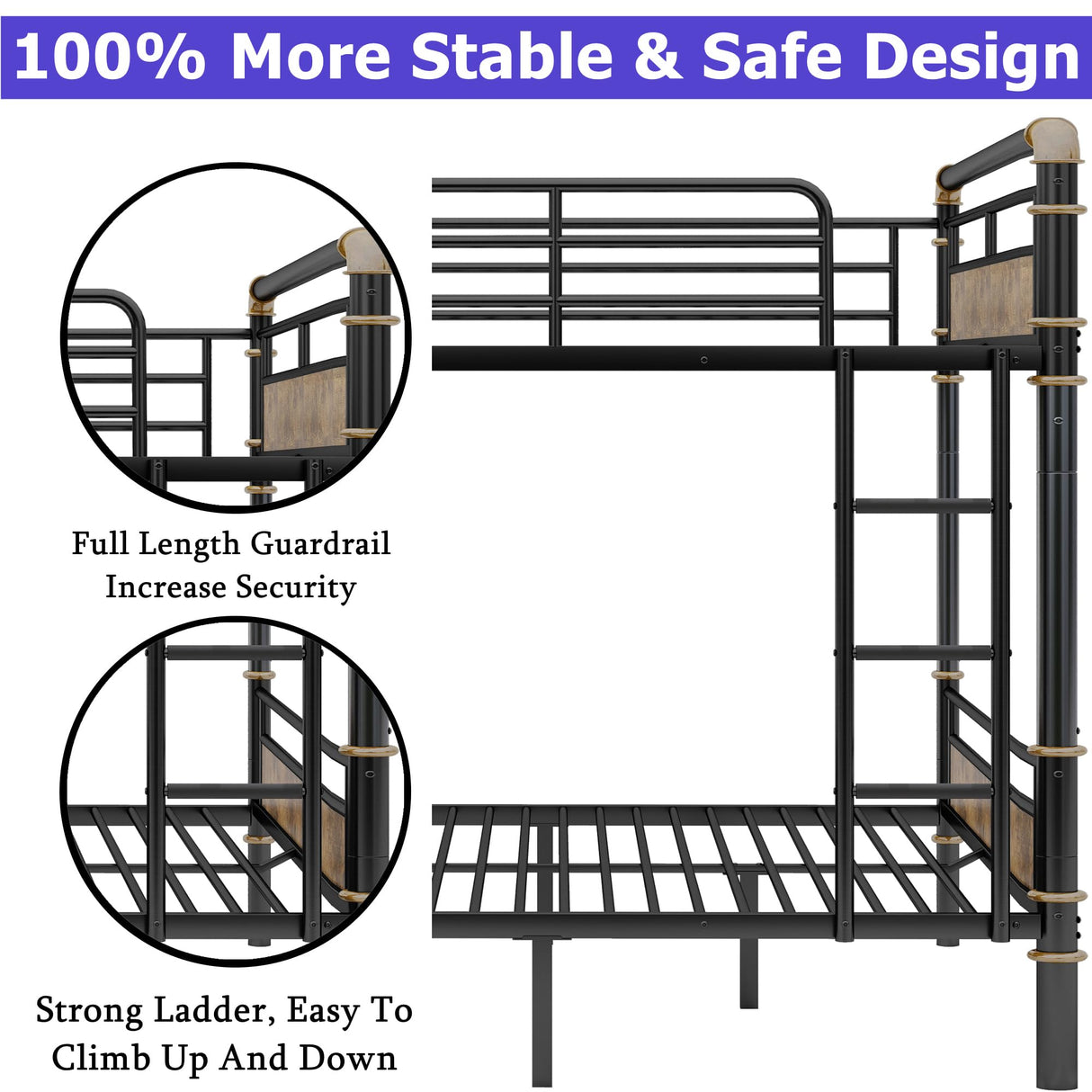 FUSVZ Heavy Duty Metal Full Over Full Bunk Beds for Adults Kids Teens, Convertible Industrial Bunk Bed Full Over Full Size with Guard Rails & Soft-Pack Vertical Ladder, Weight Capacity 600LBS (Black) FUSVZ