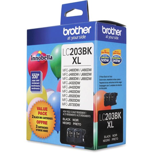 Brother Genuine High Yield Black Ink Cartridges, LC2032PKS, Replacement Black Ink Two Pack, Includes 2 Cartridges of Black Ink, Page Yield Up To 550 Pages/Cartridge, LC203