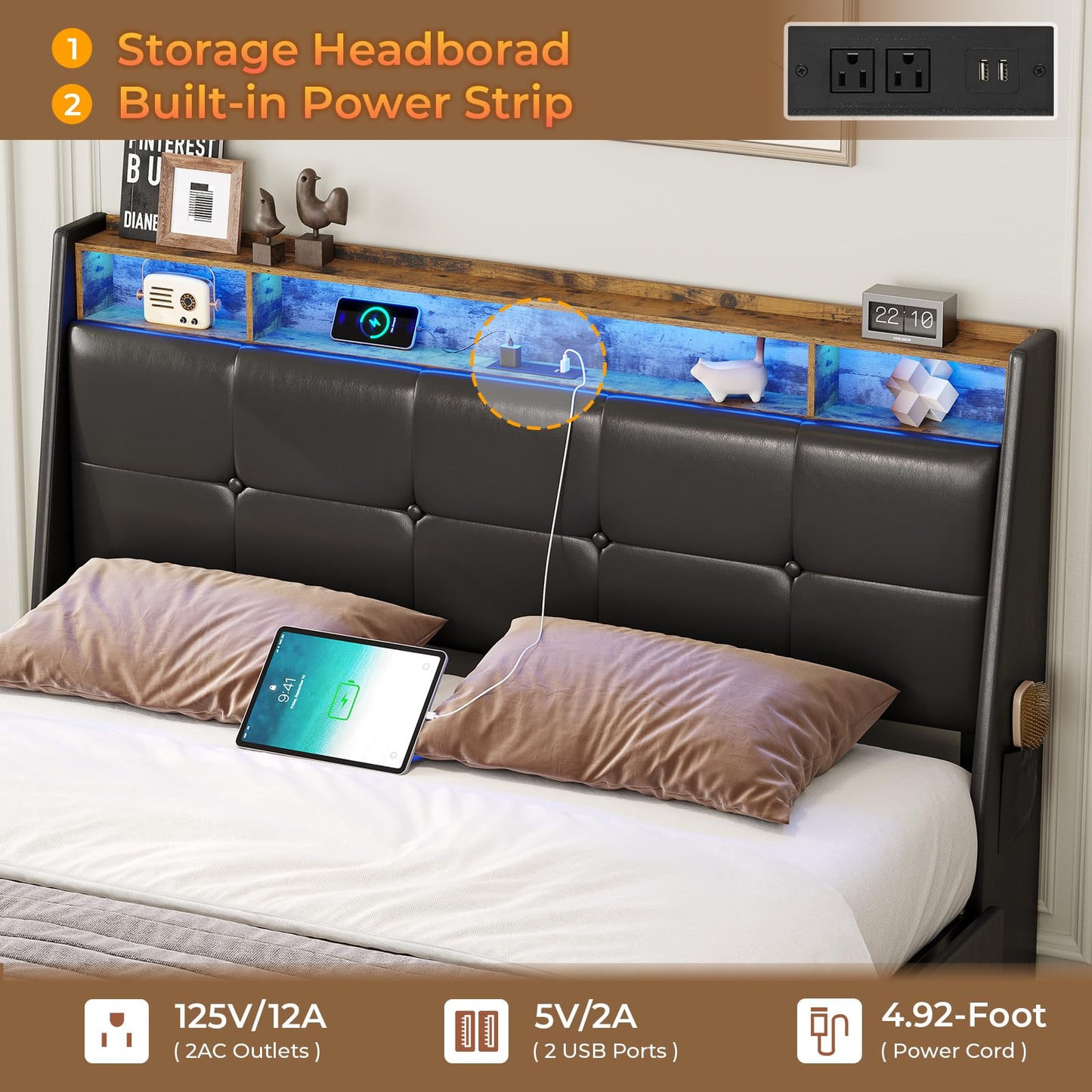 AOGLLATI Queen Bed Frame with LED Storage Headboard and Charging Station - WoodArtSupply