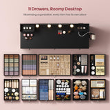 HAUOMS Vanity with Lights and Mirror, 11 Drawer Makeup Vanity with Power Strip, 6 Open Shelves, 43.3” Vanity Desk with Storage, Dressing Table with 3 Color Modes for Bedroom, Women, Girls, Black HAUOMS