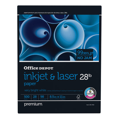 Office Depot® Inkjet And Laser Paper, 1 Ream, White, Letter Size (8 1/2" x 11"), Ream Of 500 Sheets, 28 Lb, 98 Brightness