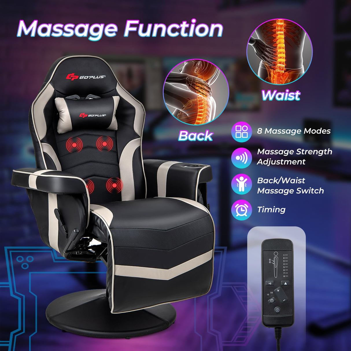Goplus Gaming Chair, Height Adjustable Massage Video Game Chair with Retractable Footrest, Cup Holder, Headrest, Swivel Office Chair, Racing Style Swivel Gamer Chair Goplus