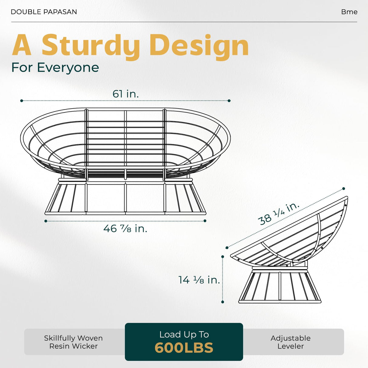 Bme 61" Double Papasan Chair with 600lbs Capacity, Ergonomic Design, Soft Thick Fabric Cushion, High Capacity Steel Frame for Any Room, Beige - Black Frame Bme