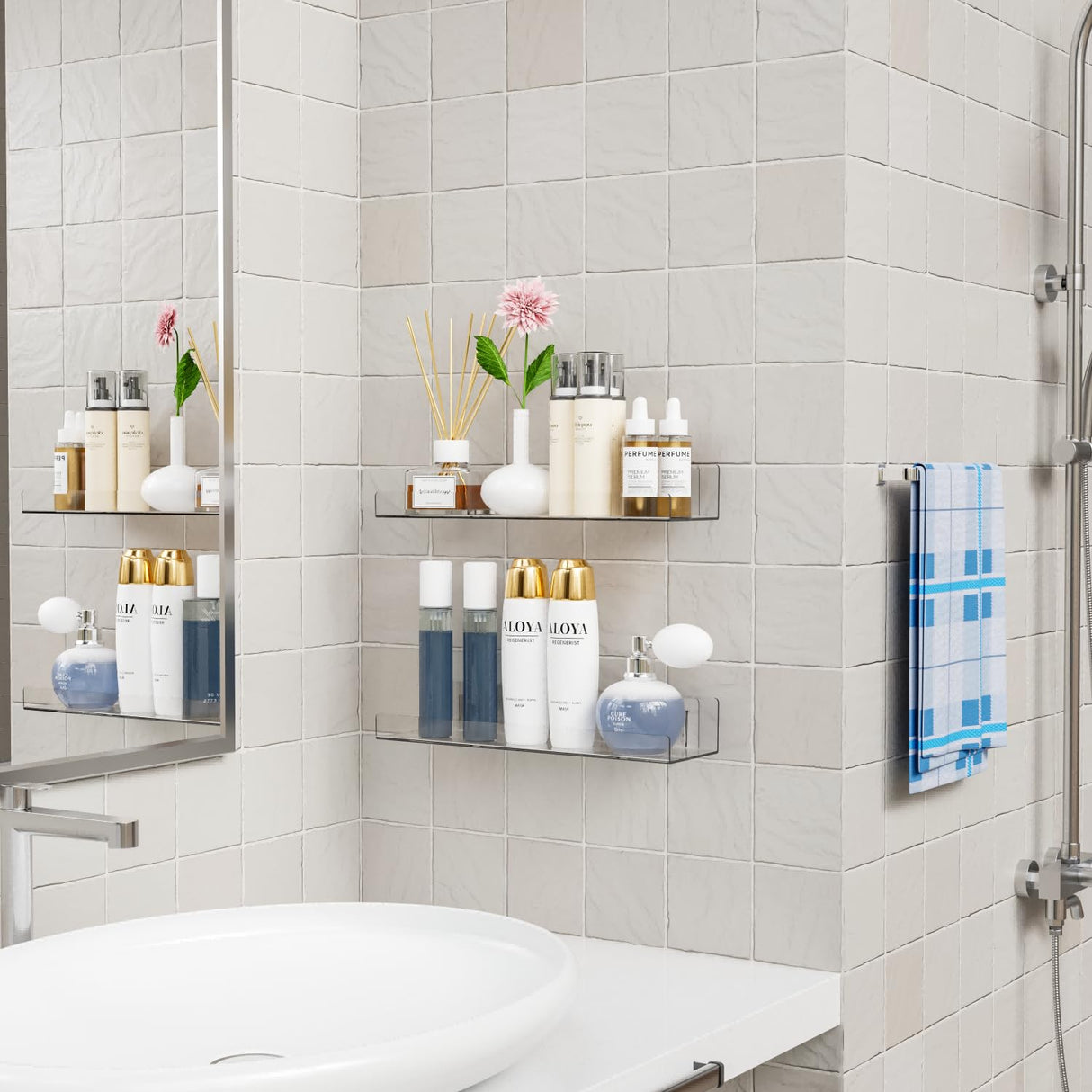 Yieach 4 Pack Acrylic Shelves for Wall Storage,No Drilling Adhesive Shelves,Clear Stick On Bathroom Wall Shelf Organizers,Plastic Floating Shelves for Perfume,Funko,Lego,Skincare,Bookshelf for Kids Yieach