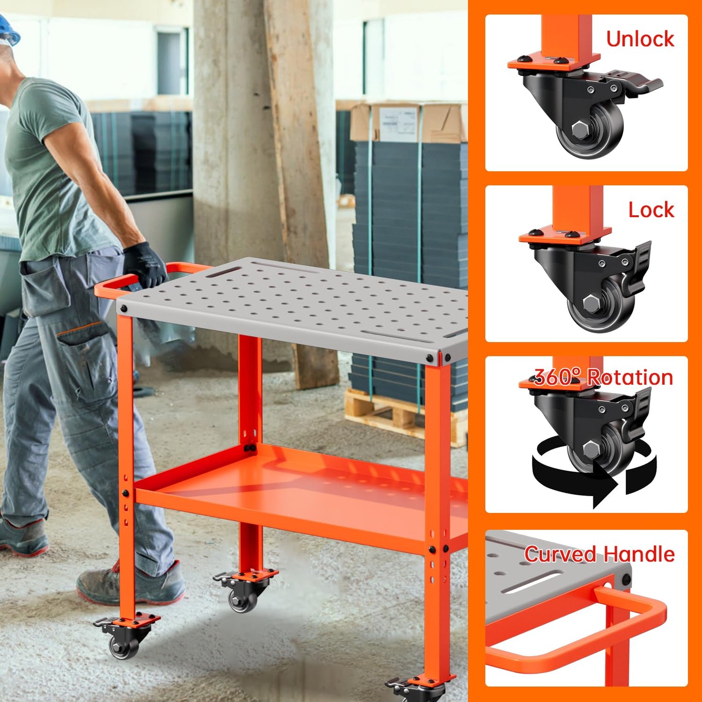 Movable Welding Table,36"x18"Welding Tool Car,Movable Welding Workbench Table,Easy Setup Portable Workbench,Heavy-Duty Load Capacity,with Tool Slots and Fixture Holes,Tool Tray - WoodArtSupply