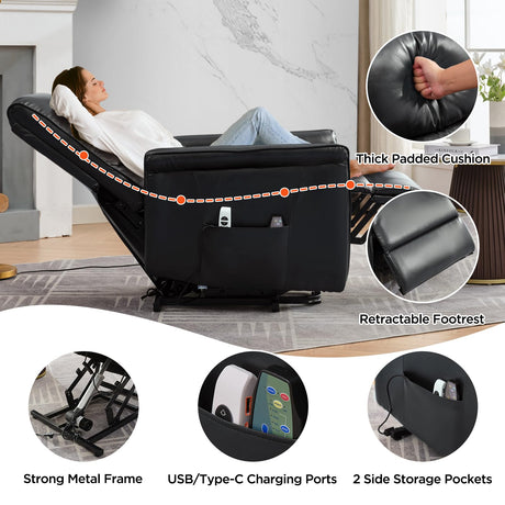 MANBUR Power Lift Recliner for Elderly with Vibration Massage and Lumbar Heat, Electric PU Leather Lift Chair, Adjustable Reclining Chair with Side Pockets,LED Light,USB Port for Small Space(Black) MANBUR
