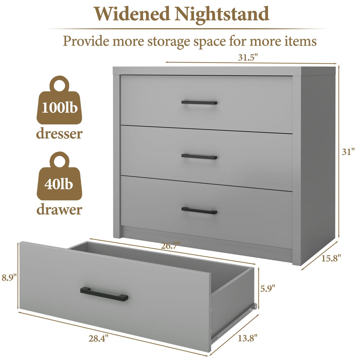 Zhiseek 3 Drawer Dresser for Bedroom, Wood Samll Chest of Drawers with Wide Storage Organizer, Mid-Century Modern Tall Nightstand for Closet, Entryway, Hallway, Grey Zhiseek