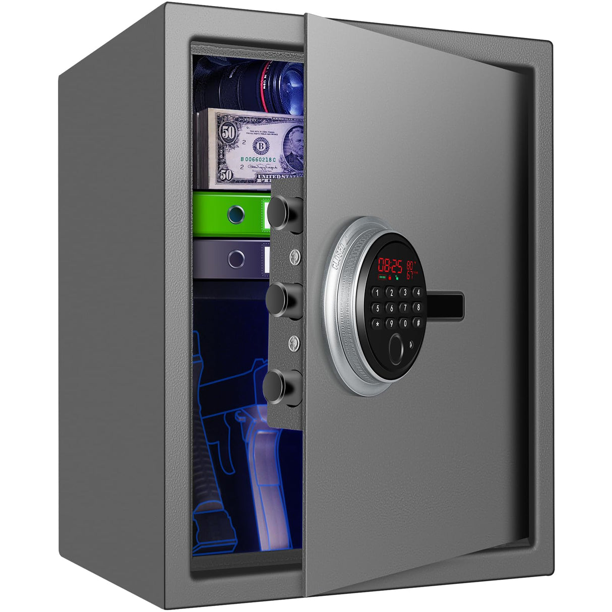 Smart Security Cabinet Safe, Steel Lock Box hand Gun Safe -Perfect for Home/Office/Hotel, Secure Pistols, Documents, Jewelry, Valuables (Biometric Grey Safe with Screen-13.75"x13"x15") BBRKIN
