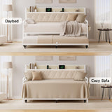 ONBRILL Twin Daybed with Trundle, Metal Day Bed Frame with Ergonomic Upholstered Headboard & Charging Station, Sofa Bed with Twin Trundle for Living Room, Bedroom, playroom, and Guest Room, White ONBRILL