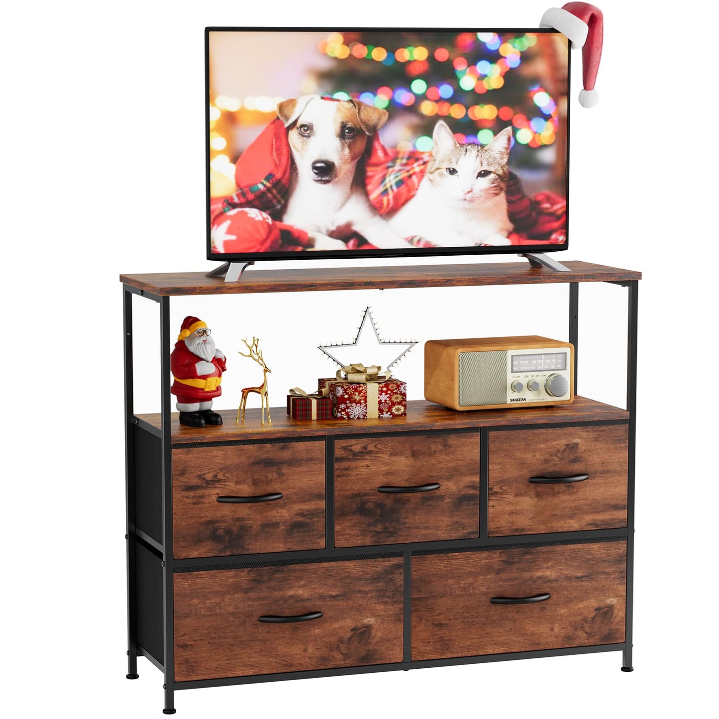 Sweetcrispy TV Stand for Bedroom, TV Dresser for 45 inches, Media Console Table, Entertainment Center with 5 Fabric Drawers Cabinet and Open Storage Shelf Furniture Cabinet for Living Room, H - WoodArtSupply