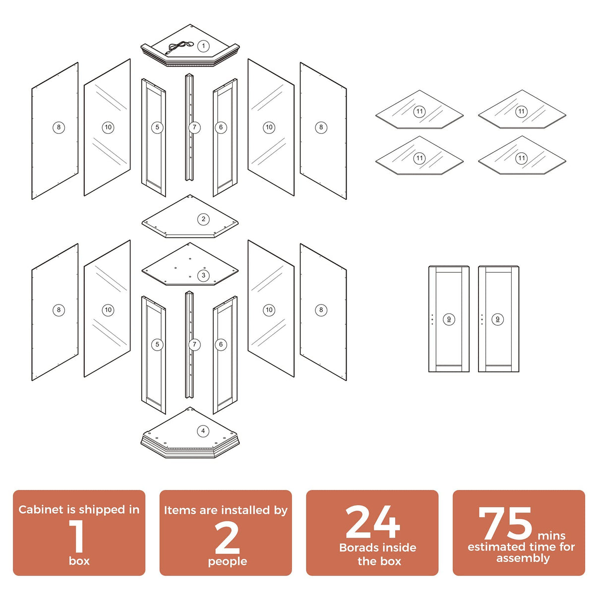 Rpuzonier Lighted Wooden Corner Display Curio Cabinet, Curved Shelving Unit with Adjustable Shelves and Mirrored Back Panel, Tempered Glass Doors for Bedroom, Living Room (Walnut, Corner Shape) Rpuzonier