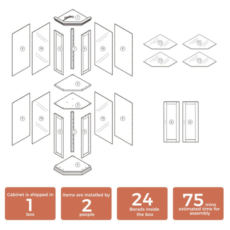 Rpuzonier Lighted Wooden Corner Display Curio Cabinet, Curved Shelving Unit with Adjustable Shelves and Mirrored Back Panel, Tempered Glass Doors for Bedroom, Living Room (Walnut, Corner Shape) Rpuzonier