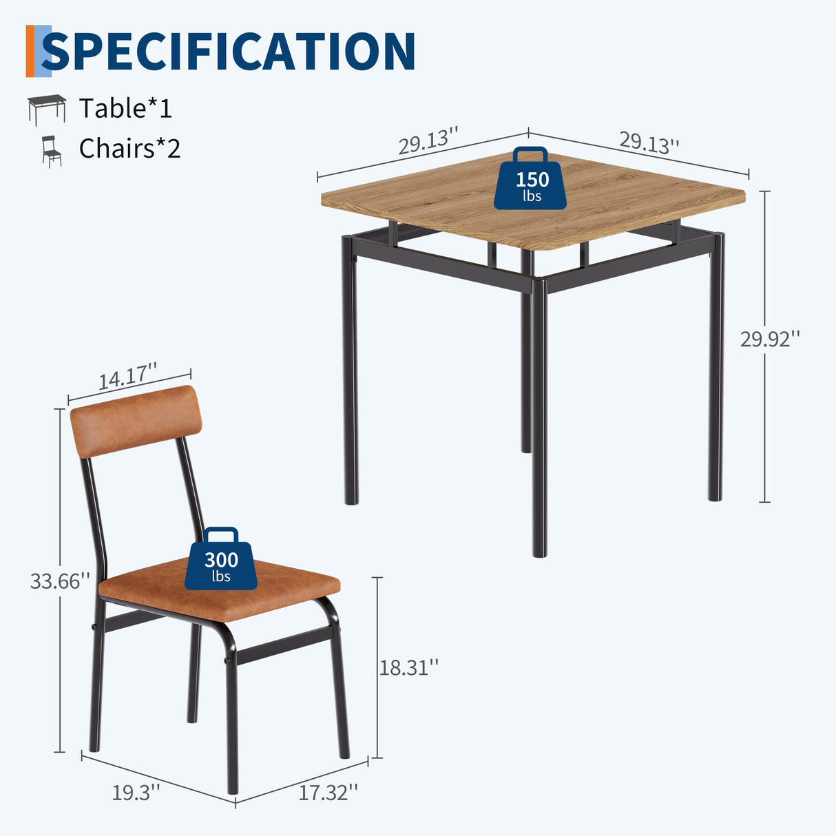 GarveeHome 3 Piece Dining Table Set, Wooden Kitchen Table Set with 2 PU Upholstered Chair, Industrial Metal Frame Dinette Set for Dining Room, Home Dinner, Party (Brown, 2 Chairs) GarveeHome