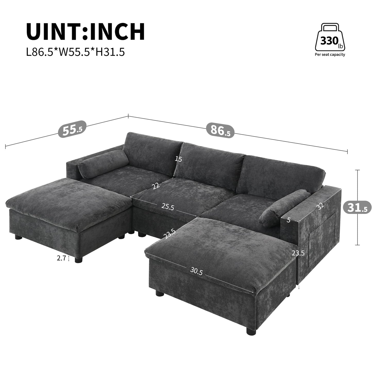 Merax 86.5" Sectional Sofa with Storage Pockets & Removable Ottomans, 5 Seat U Shaped Sleeper Cloud Couch Set, Convertible L-Shaped Chenille Upholstered SofaBed for Living Room and Apartment, Black