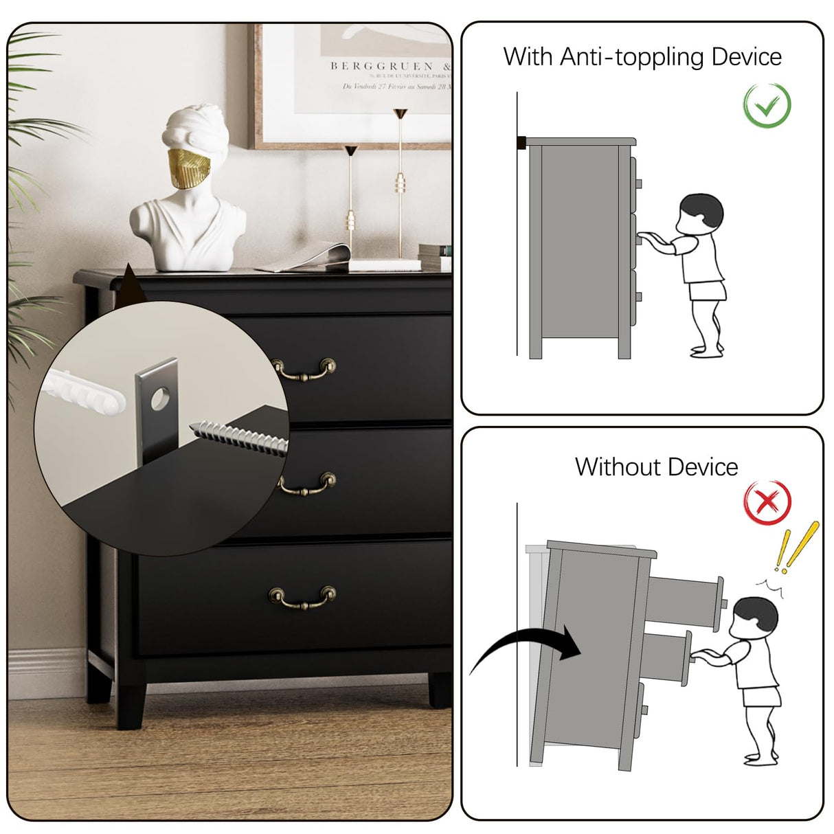 HOUROM Black Dresser for Bedroom, Modern Farmhouse Style 6 Drawer Double Dresser with Vintage Gold Antique Pulls, Dresser and Chest of Drawers, Hallway 6 Drawer Dresser, Antique Black HOUROM