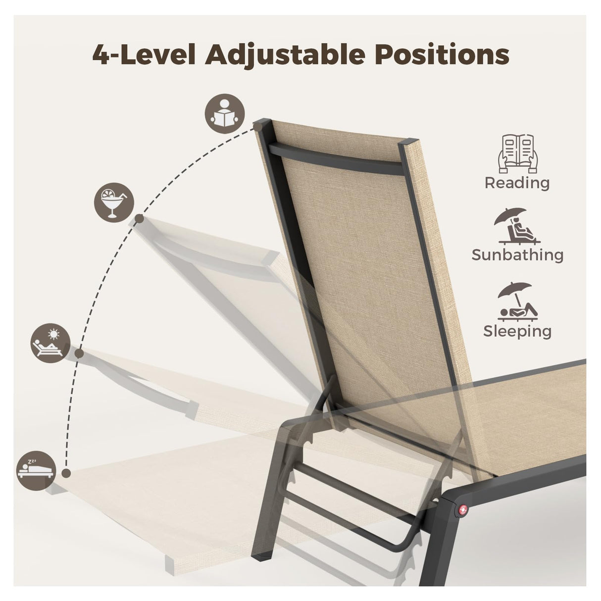 FHVIT Patio Chaise Lounge Set of 2 with 4 Adjustable Backrest, Foldable Aluminum Chaise Lounge Chair Recliner for Outdoor, Poolside, Sun Tanning Beige FHVIT