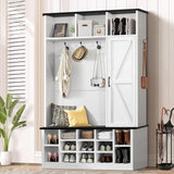 Farmhouse Mudroom Hall Tree with Shoe Storage, 79 Inch Hall Tree with Bench for Entryway, White Entryway Bench with Coat Rack and Barn Door, Adjustable Shoe Cubbies and 3-Tier Cabinet, white 4ever2buy