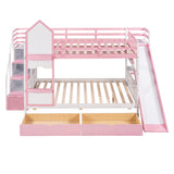 Full-Over-Full Bunk Bed, Castle Style Bunk Bed with 2 Drawers and 3 Shelves, Solid Wood Bunk Beds with Slide and Storage Staircase, Playhouse Low Bunk Bed for Kids Teens Boys Girls (Pink-O273) Aiuyesuo