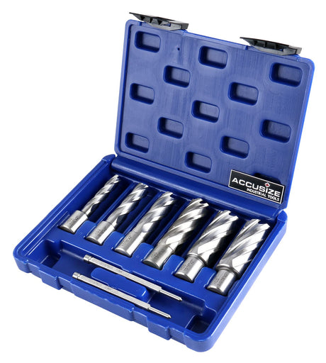 Accusize Industrial Tools Hss Annular Cutter Set, 2'' Cutting Depth, 7/16'' to 1-1/16'' Slugger Cutter, 8 Pcs/Set, HSS2-0000 Accusize Industrial Tools