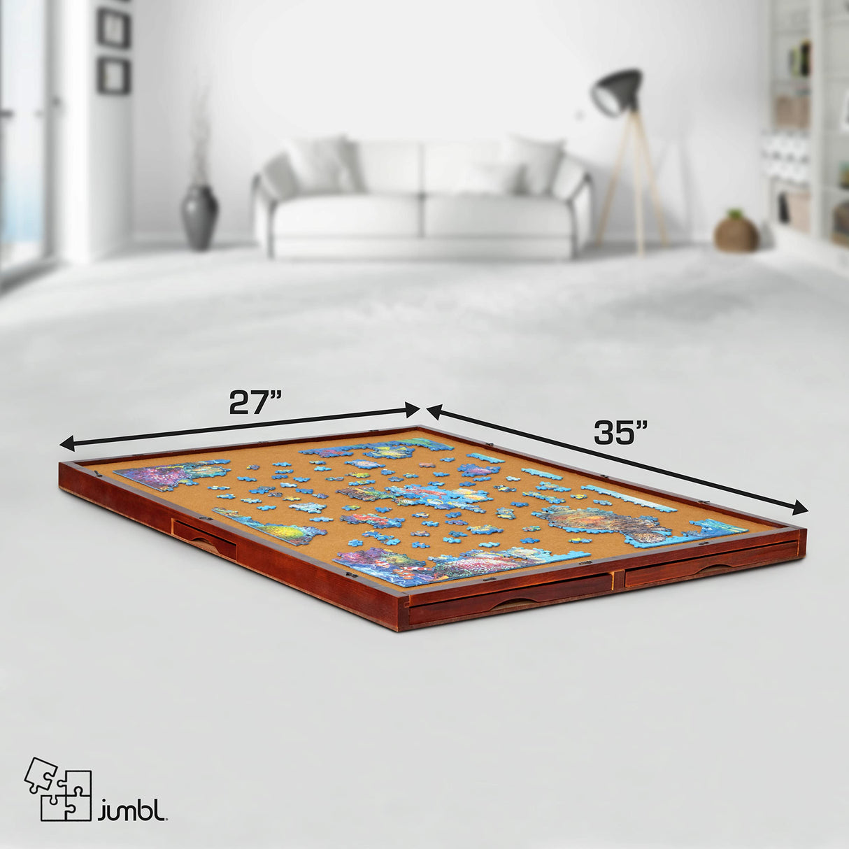 Jumbl Premium 1500-Piece Puzzle Board w/Felt Surface, 6 Removable Sorting Drawers, Interlocking Cover | 27" x 35" Wooden Jigsaw Puzzle Table | Reinforced Hardwood Construction Jumbl