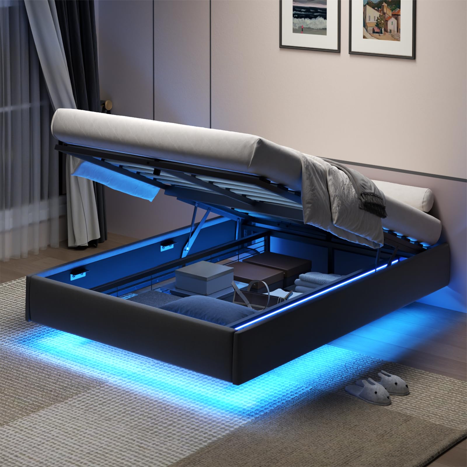 Full Floating Lift-Up Bed Frame with LED Lights & Hydraulic Storage – Modern Metal Platform Design (Full Size) - WoodArtSupply