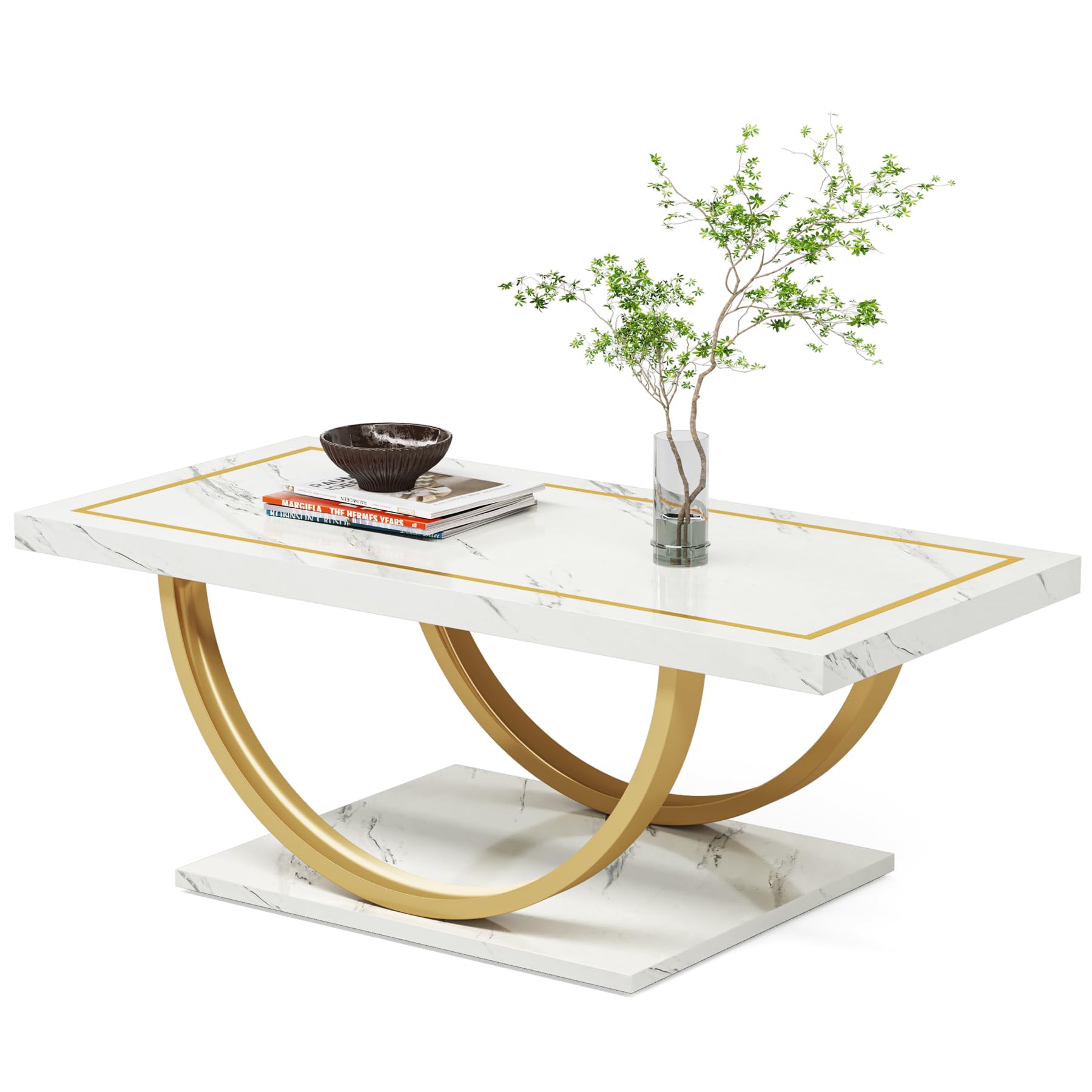 Tribesigns Modern Coffee Table Faux Marble White Gold Coffee Table Rectangle Coffee Table for Living Room, Engineered Wood Coffee Table with Faux Marble Veneer and Heavy Duty Metal Frame - WoodArtSupply